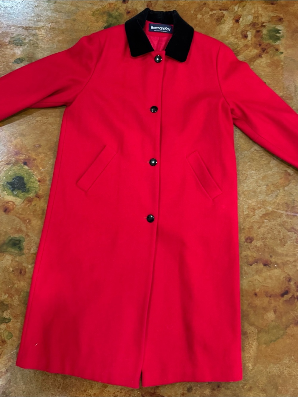 True Vintage 1980’s Herman Kay Red Wool Coat with Velvet Black Collar